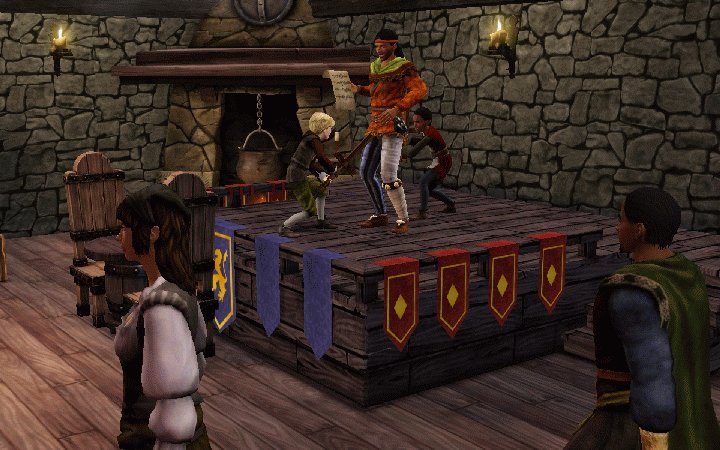 A Bard Recites an epic poem in The Sims Medieval