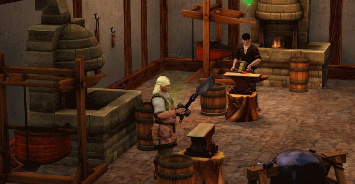 Two Blacksmith Sims hammer away on the anvil after heating their equipment on the forge