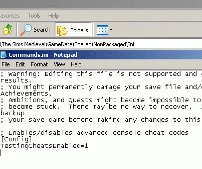 Enabling The Sims Medieval's Testing Cheats by editing Commands.ini