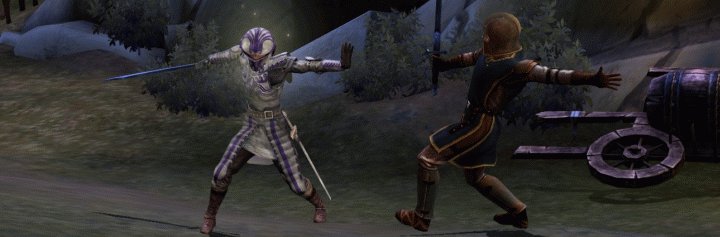 Swordfighting in Cool armor in The Sims Medieval