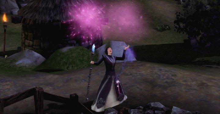 A Wizard in The Sims Medieval Casts one of the many spells on her list